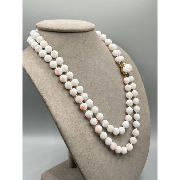 Signed TRIFARI Faux Angel Skin Coral Necklace Glass Beads Hand Knotted Strand - Picture 8 of 13